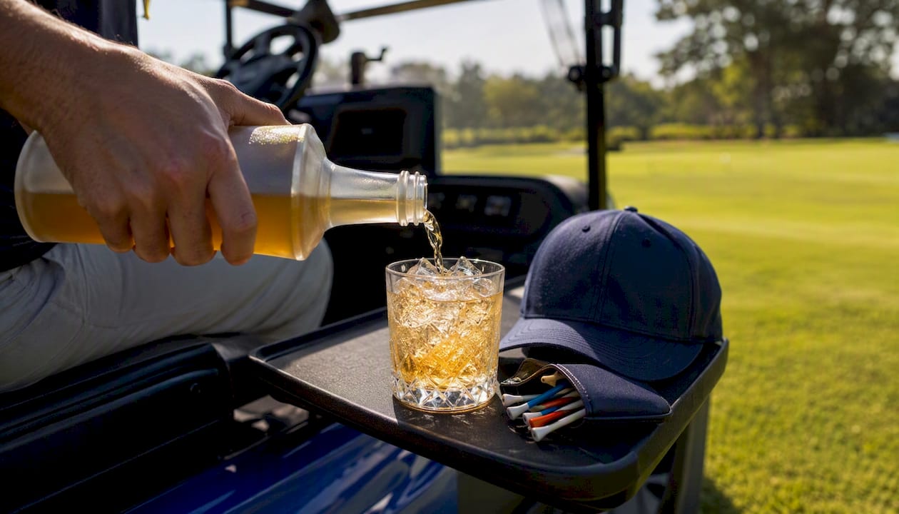 Pouring Transfusion cocktail by golf cart outdoors