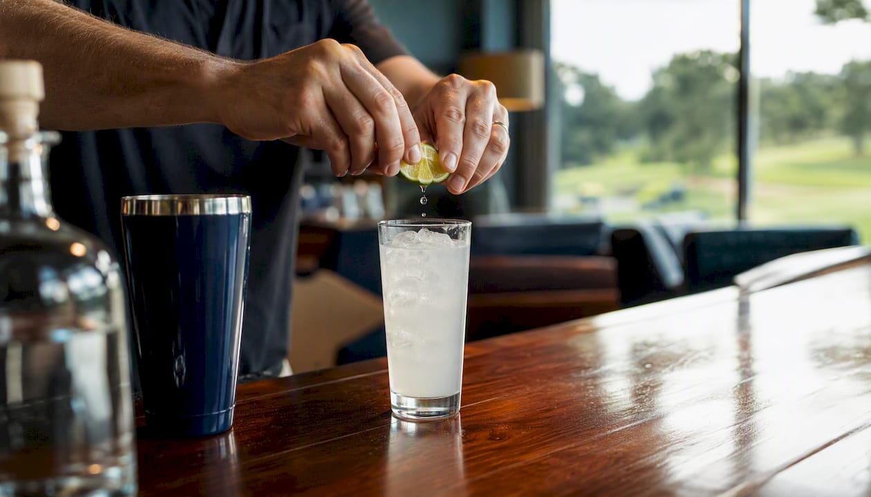 Hands squeezing lime over cocktail glass