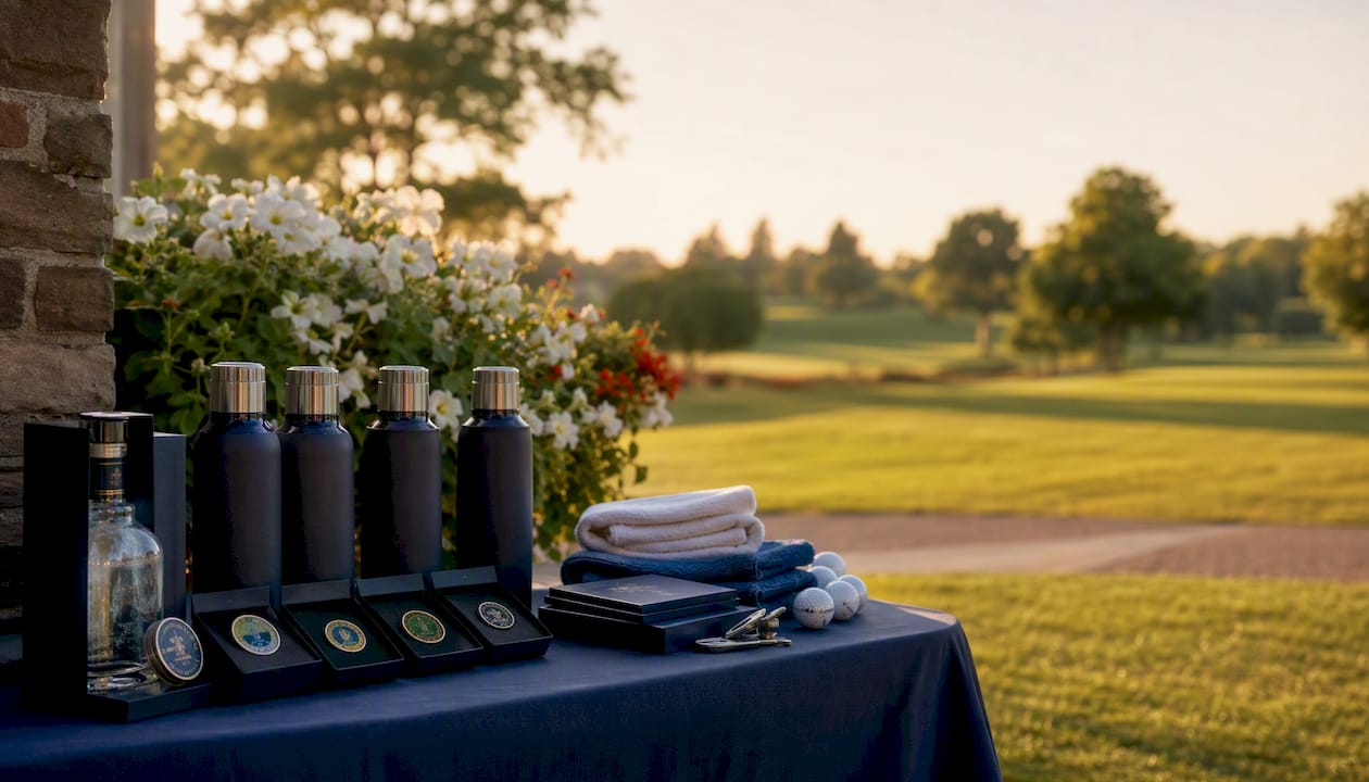 Golf tournament prizes arranged on outdoor table