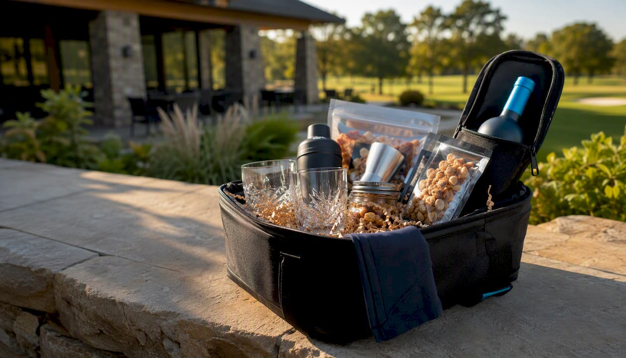 Golf raffle basket with Broken Tee Vodka bottle