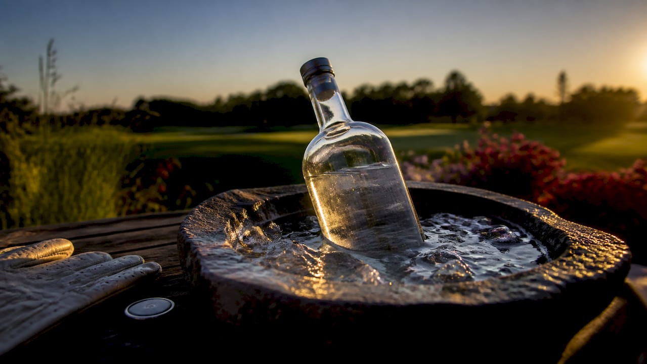 Vodka bottle chill in ice bath on golf patio