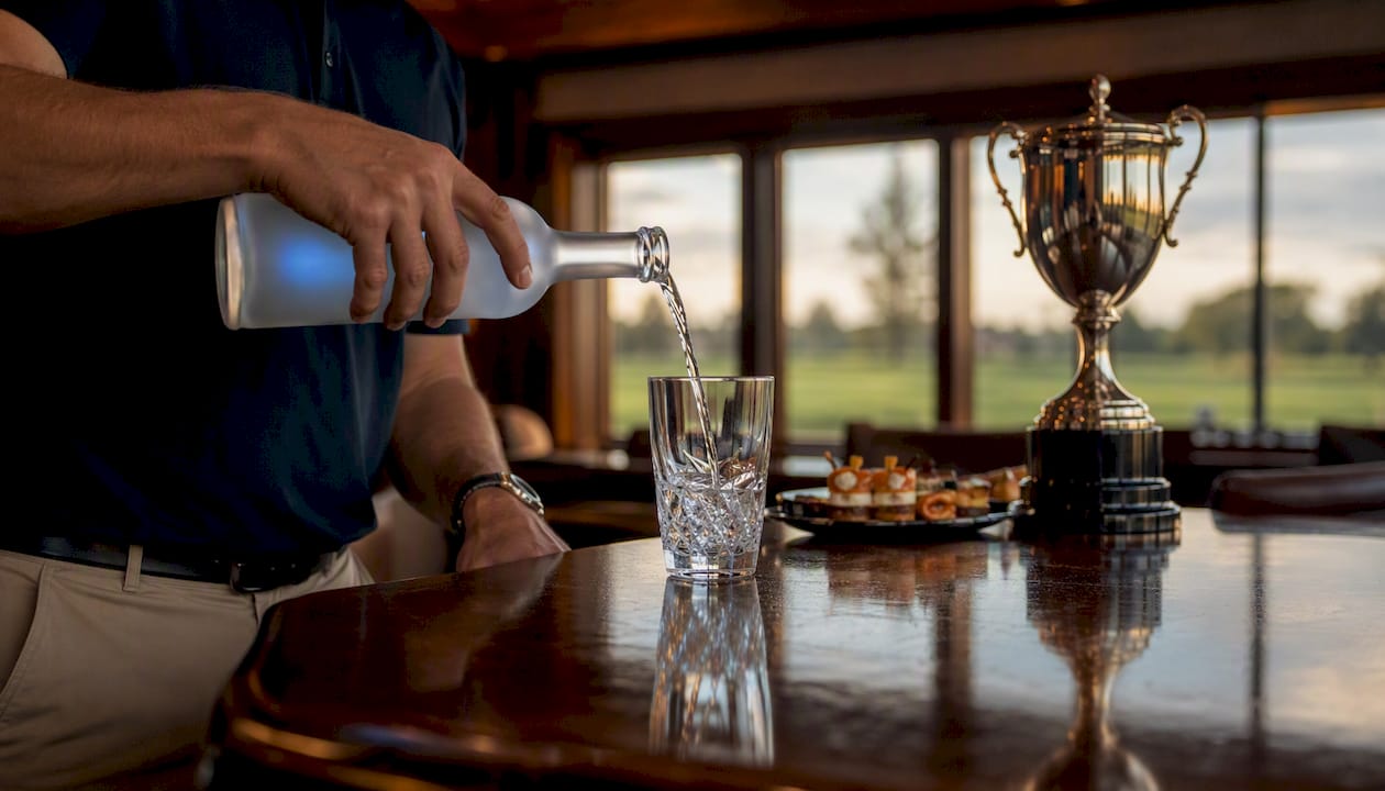 Close-up of vodka being poured into a jigger