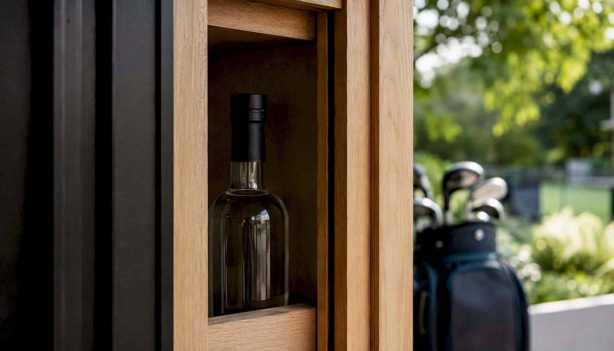 Partial vodka bottle upright in dark cabinet