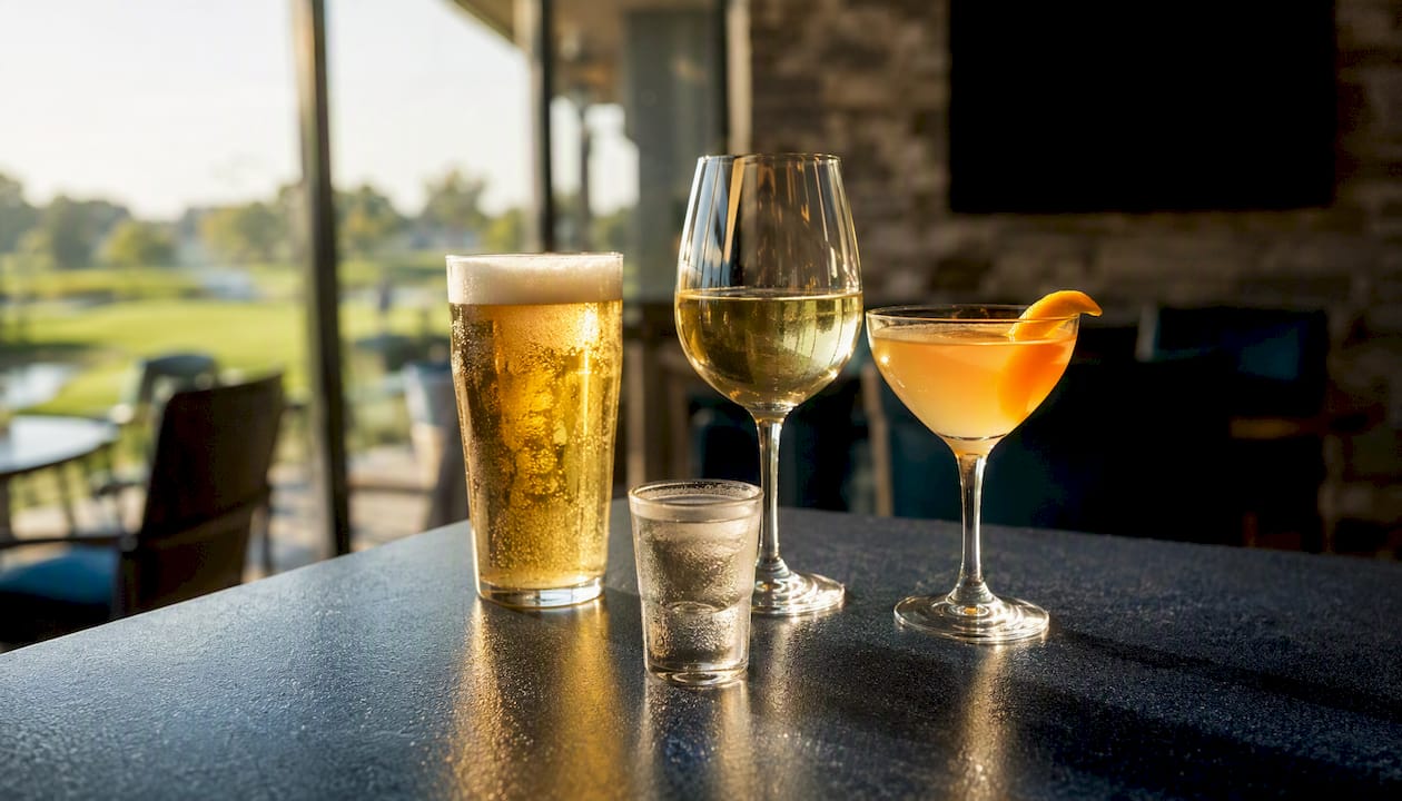 Vodka shot next to beer, wine, and cocktail glasses