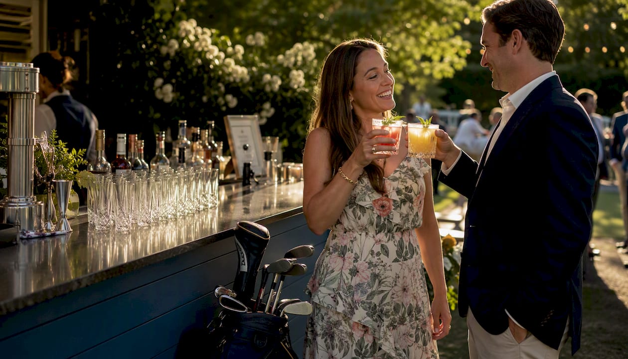 Bartender pouring golf-themed cocktail at wedding bar