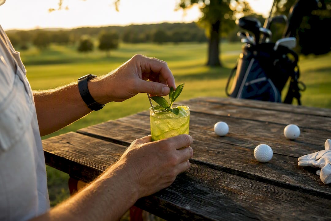 Hands pouring pink-red golf cocktail outdoors