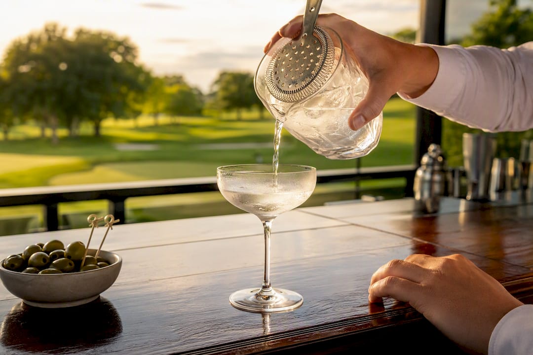 Pouring vodka martini into chilled glass