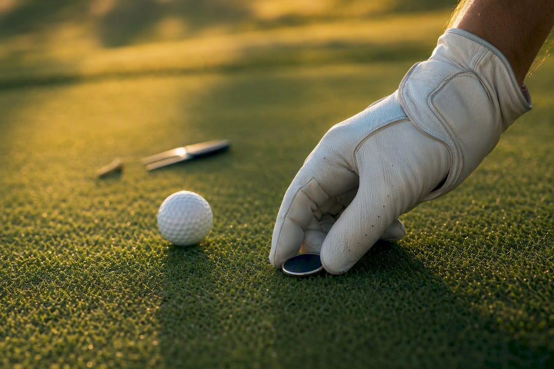 Hand placing golf ball marker on green