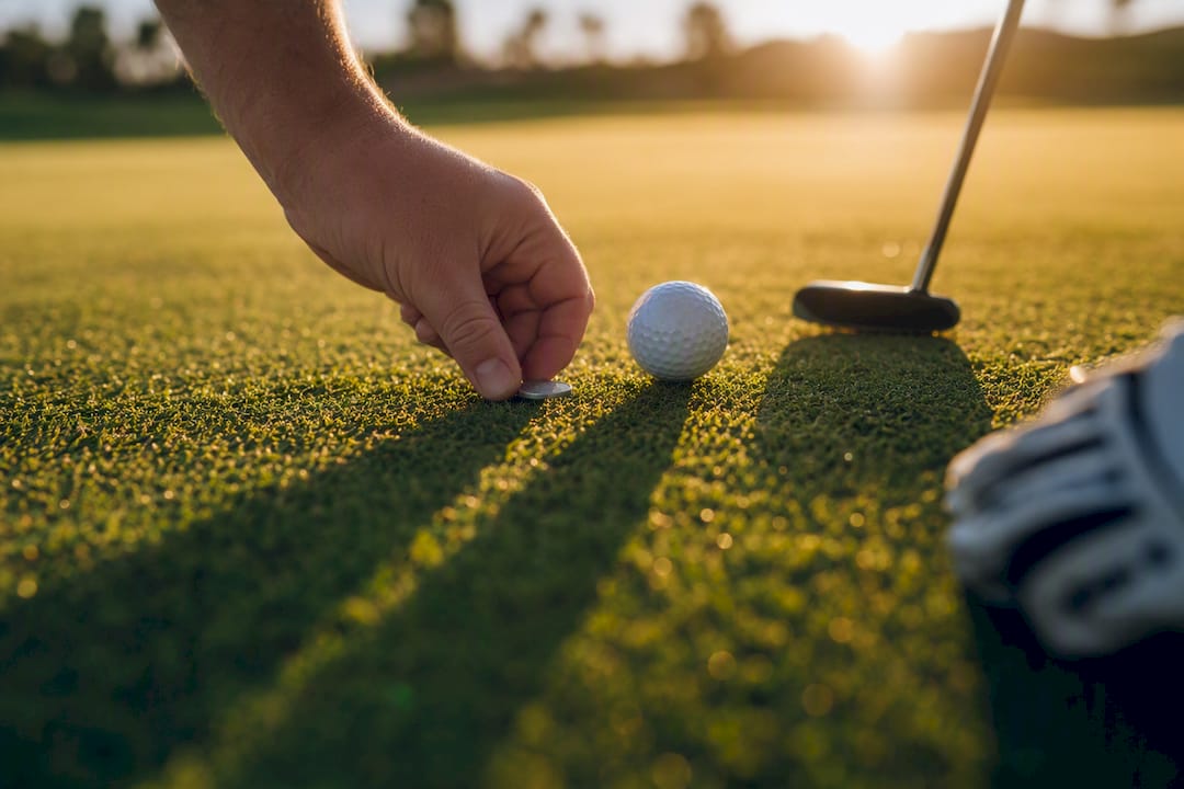 Hand placing golf ball marker on green