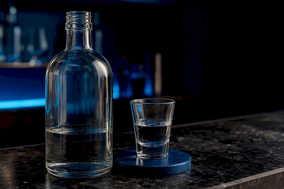Opened vodka bottle beside fresh tasting pour