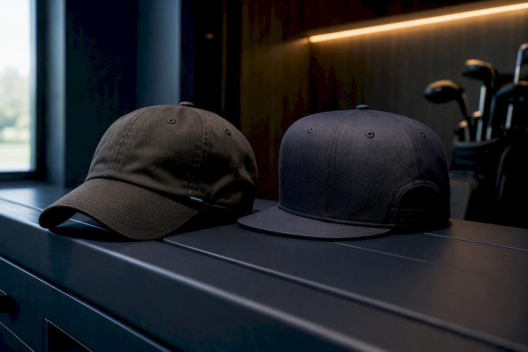 Dad hat and snapback on locker bench
