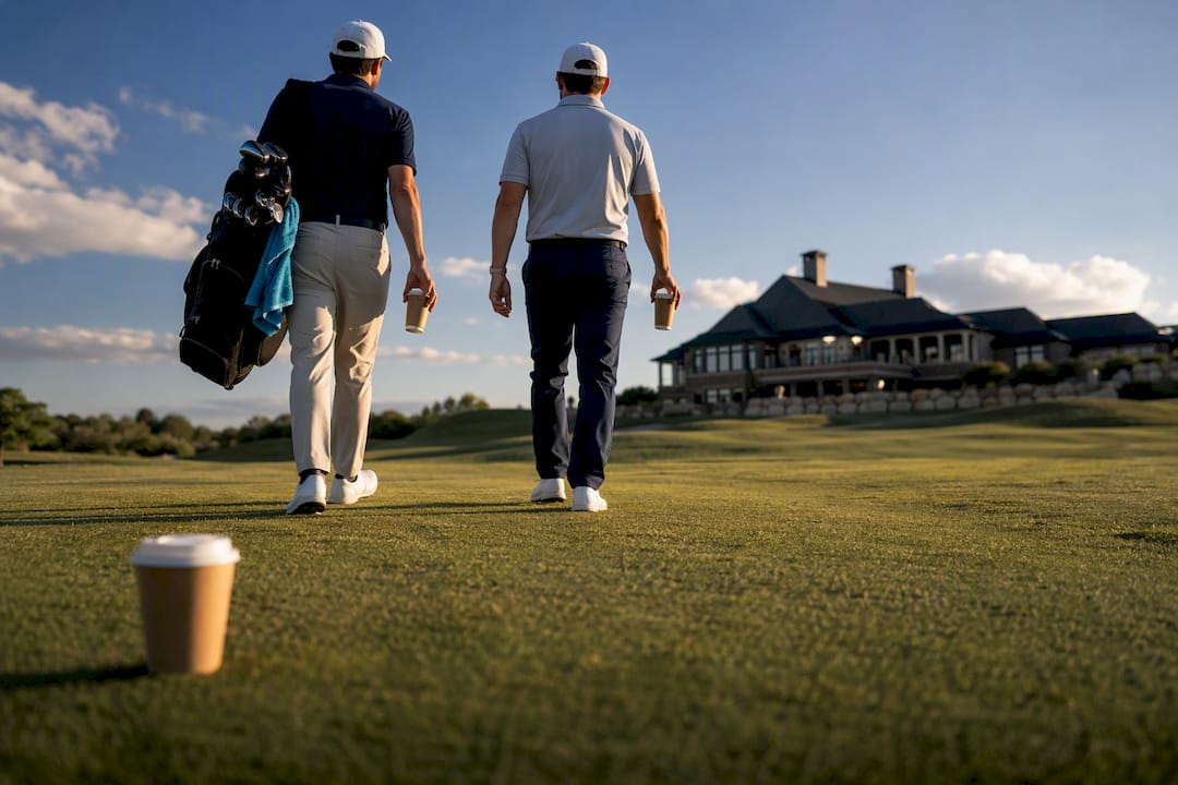 Golfers walking toward clubhouse with drinks