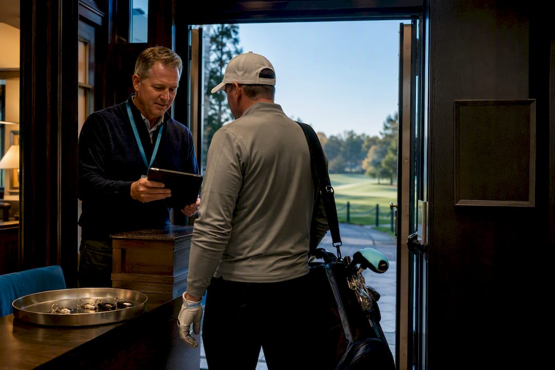 Golf clubhouse entrance with alcohol policy notice