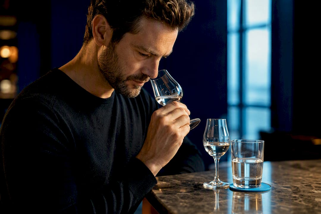 Taster evaluating vodka beside water