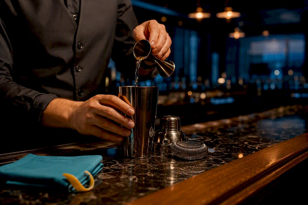 Bartender measuring cocktail with professional tools
