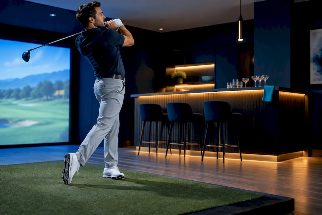 Golfer swinging beside a home simulator bar