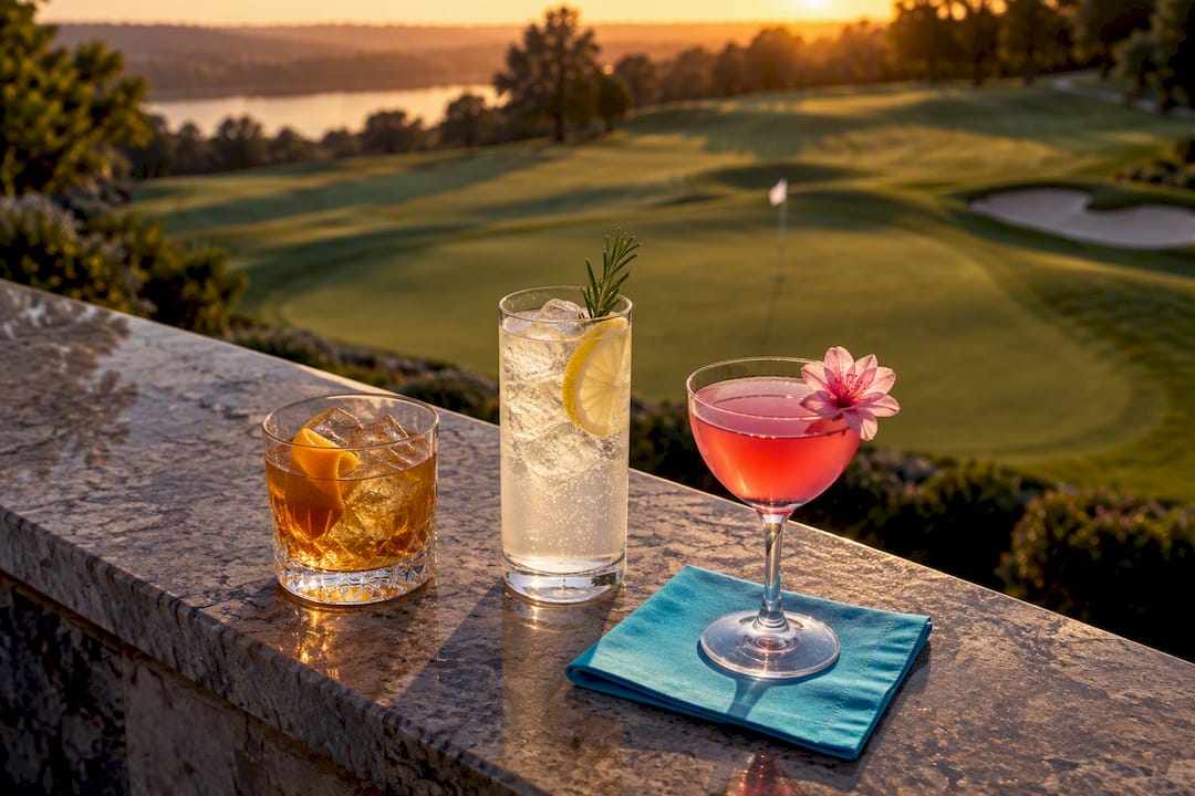 Three golf celebration cocktails overlooking a green