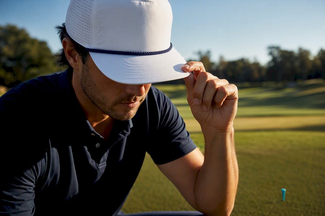 Golfer adjusting a rope hat on course