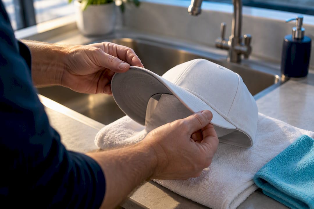 Hands checking a golf hat brim
