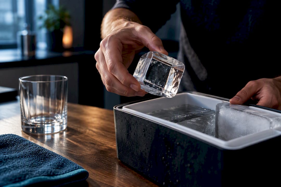 Hands lifting clear cocktail ice cube