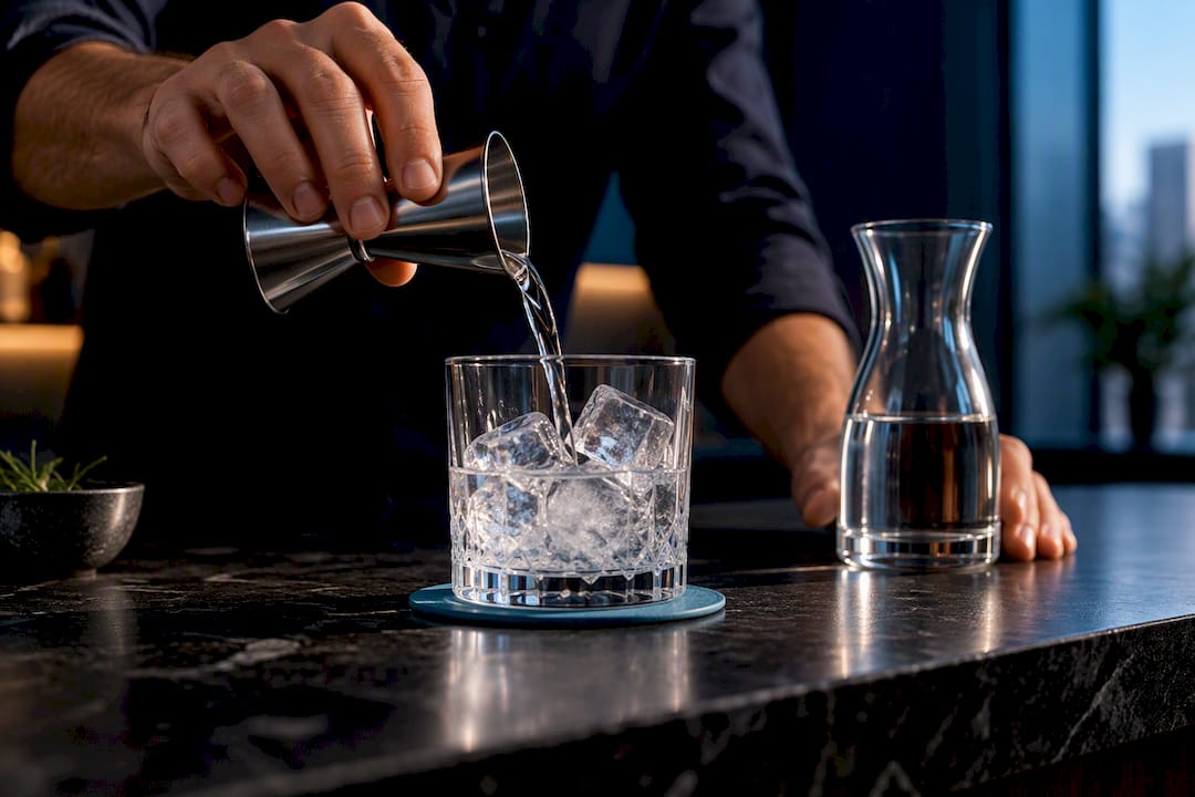 Measured vodka water pour over ice