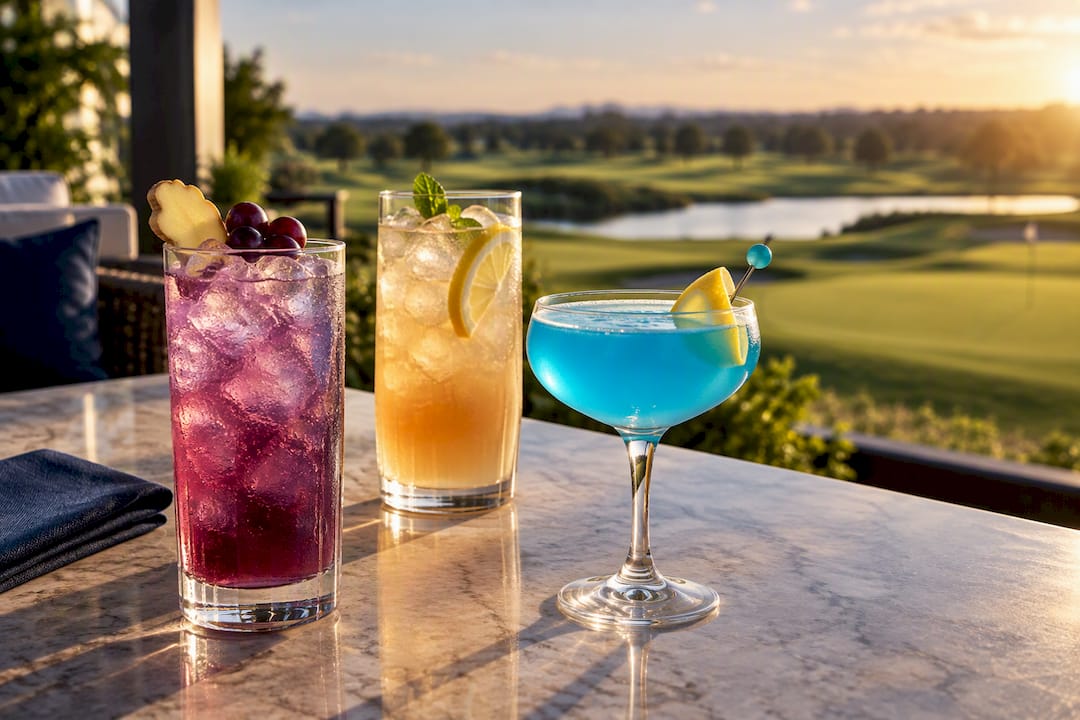 Three colorful golf cocktails on clubhouse terrace