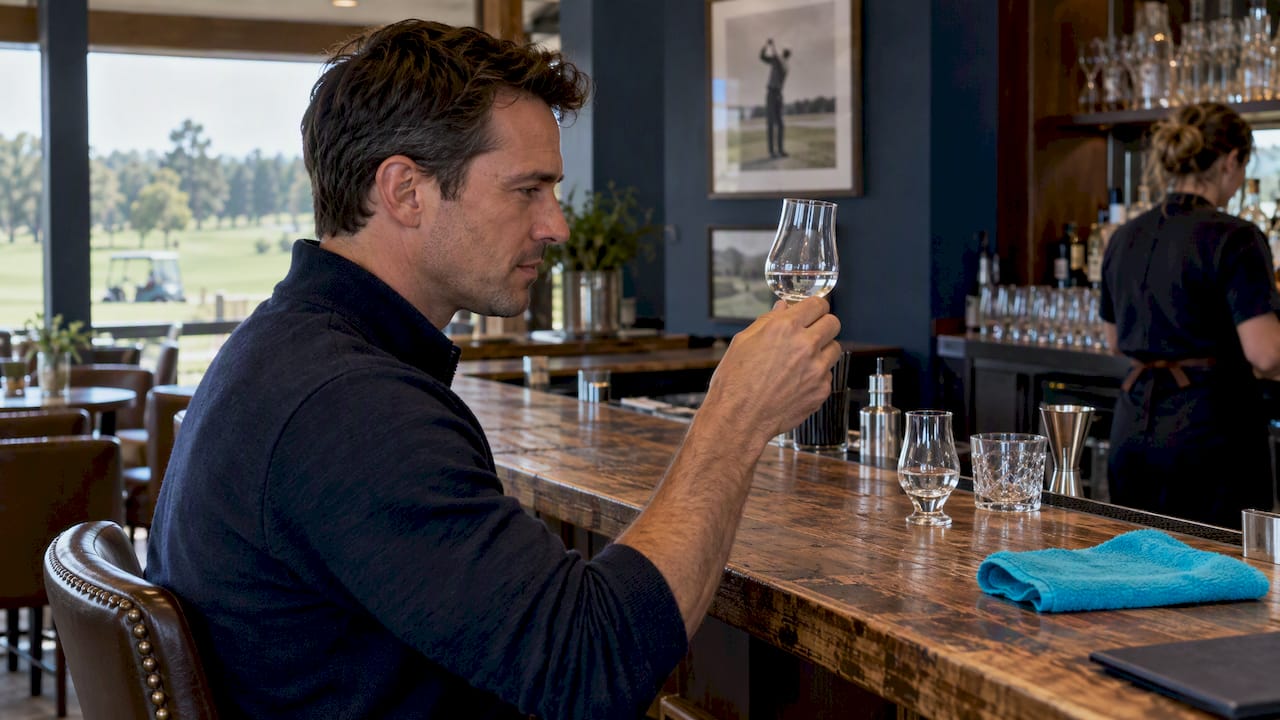 Taster evaluating vodka in tulip glass