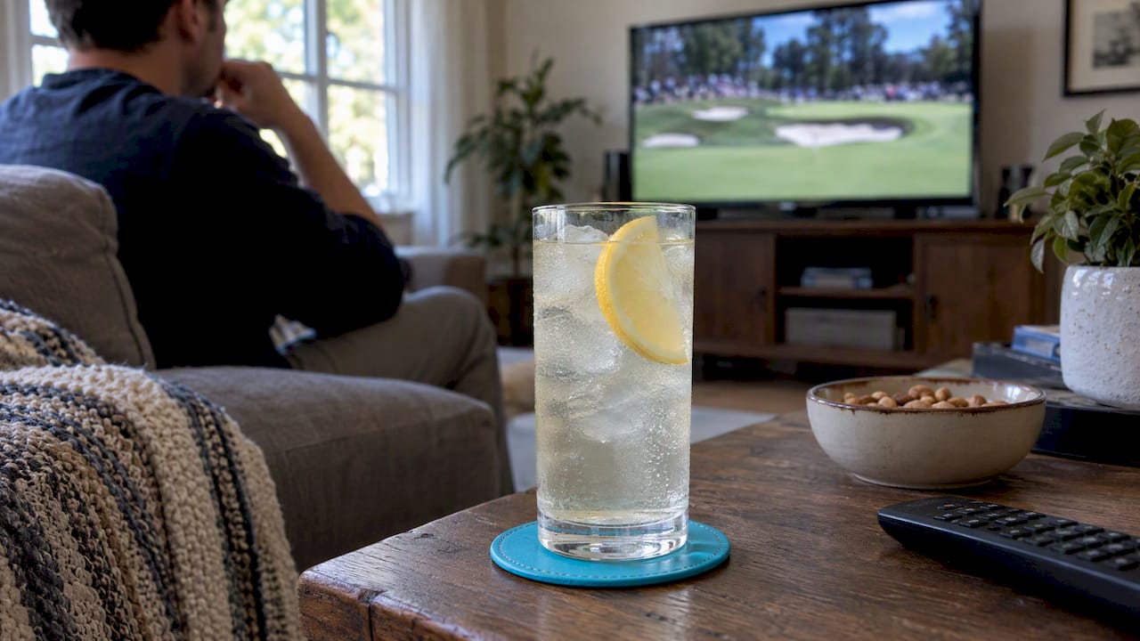 Lemon highball beside a golf broadcast