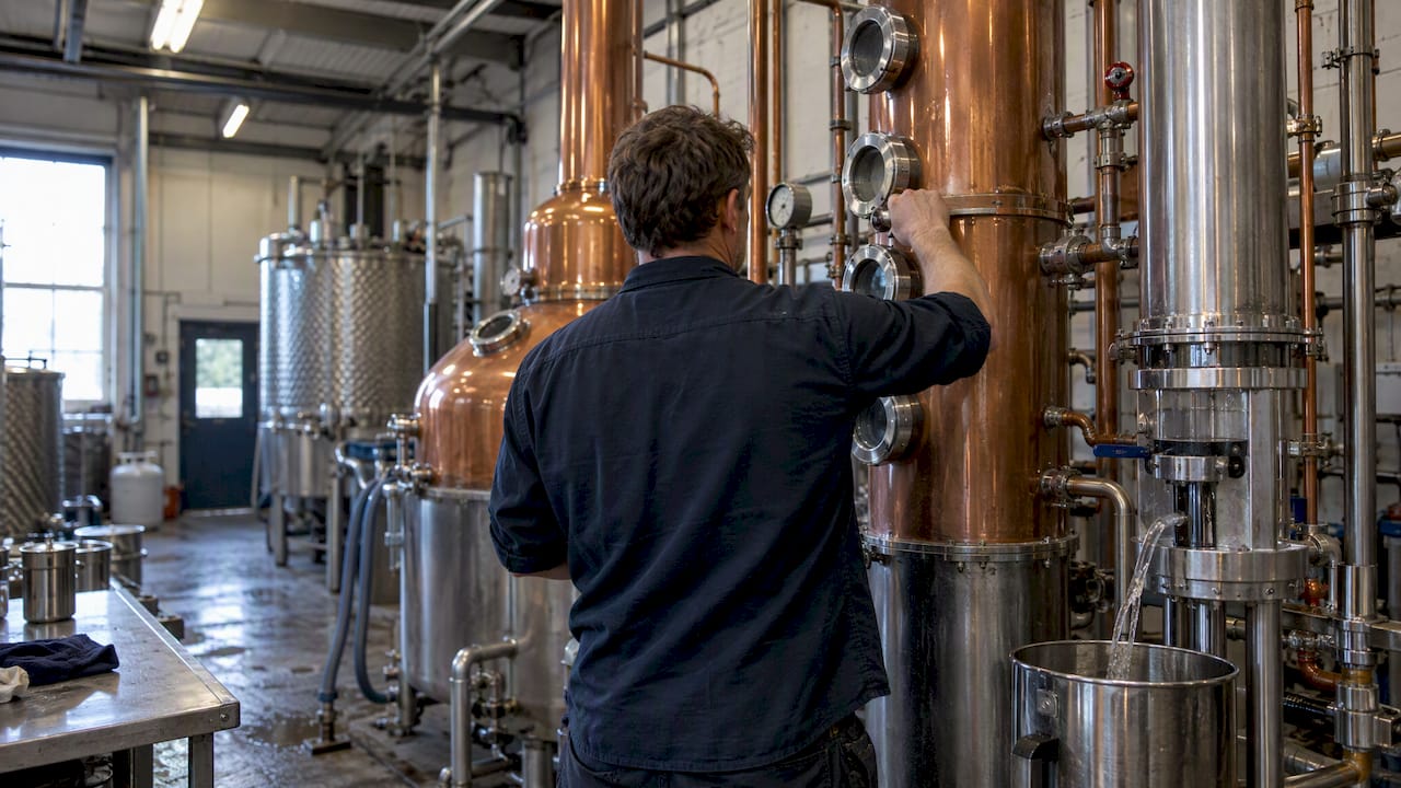 Distiller checking a copper still during a run