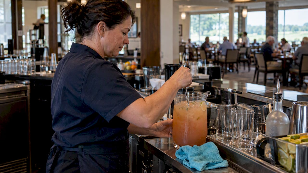 Bartender stirring a pitcher of golf night cocktails