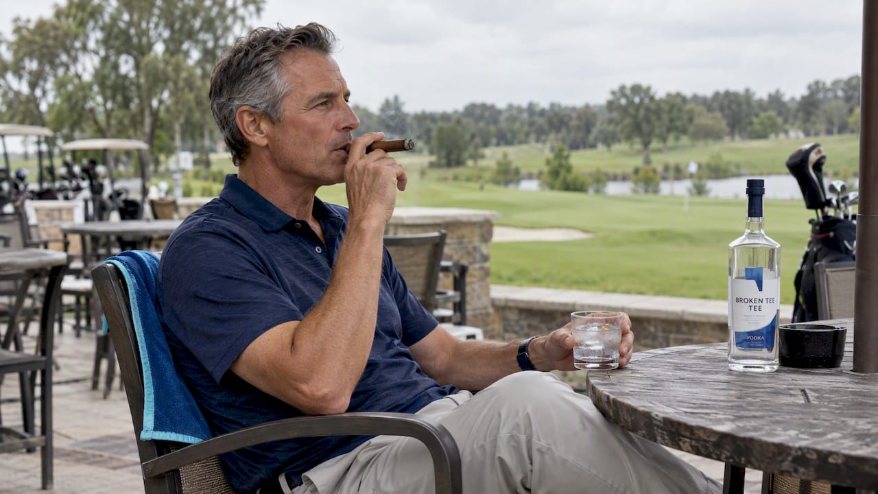 Golfer enjoying vodka and a cigar after a round