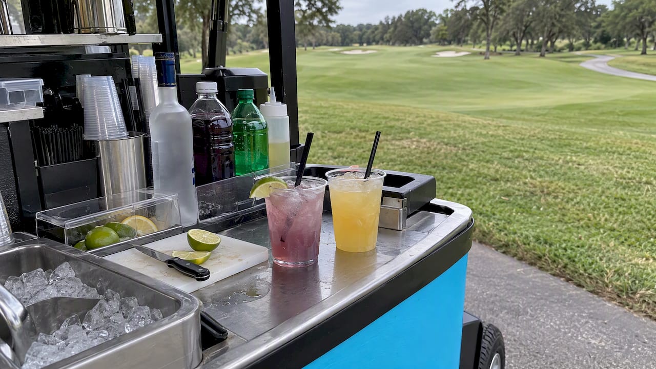 Highballs and mixers on a golf beverage cart