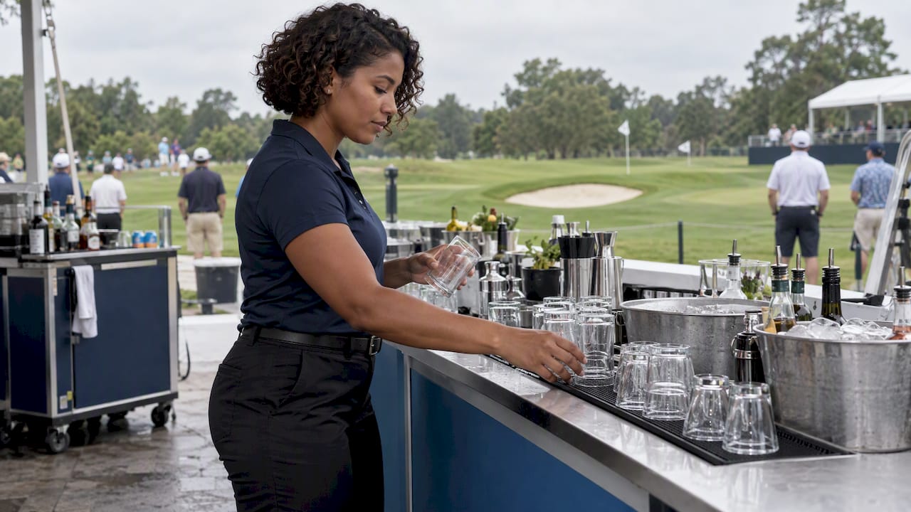 Bartender setting up a golf tournament bar