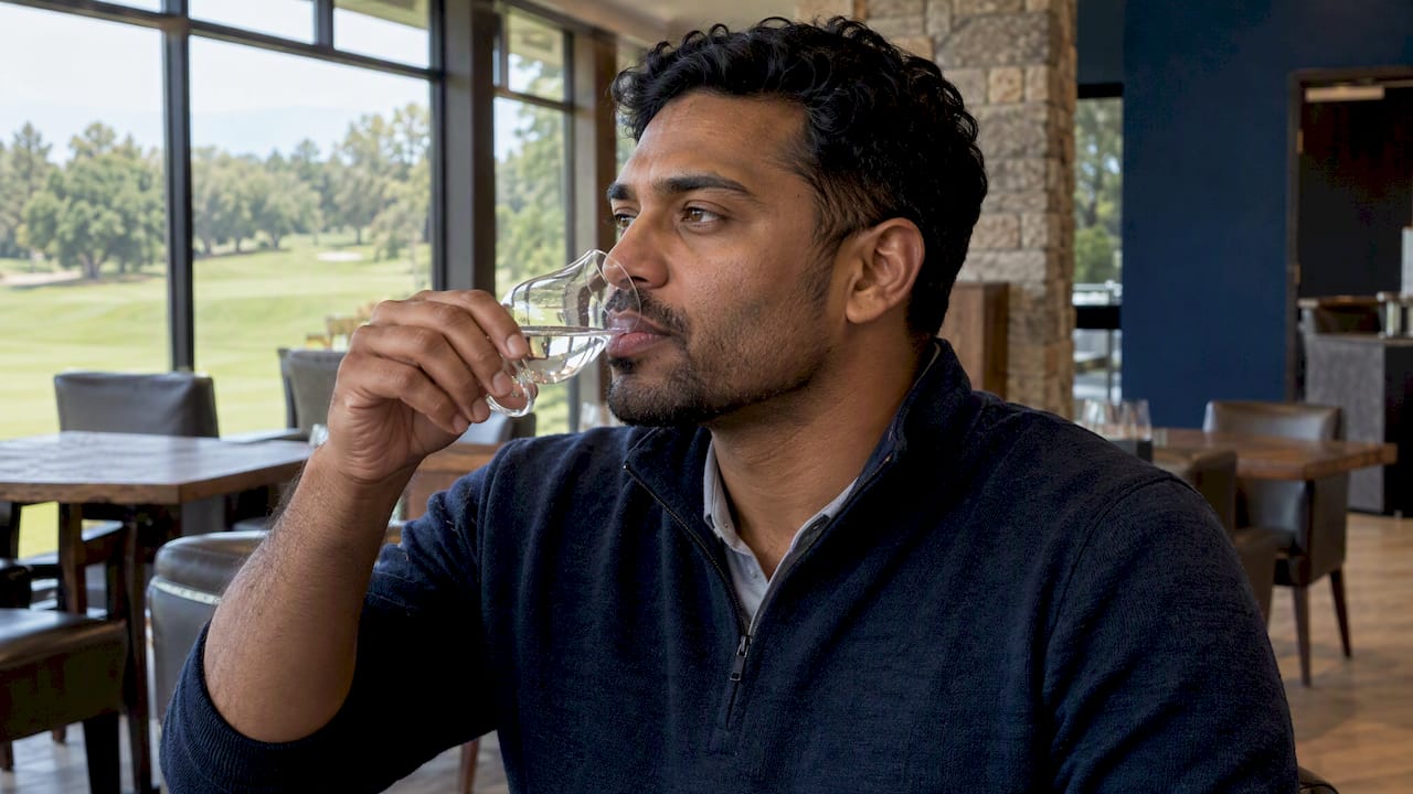 Golfer tasting vodka in a club room