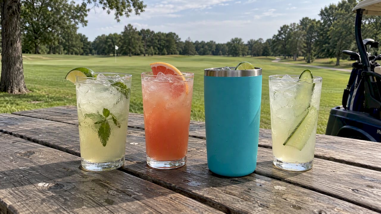Four iced cocktails on a golf course table