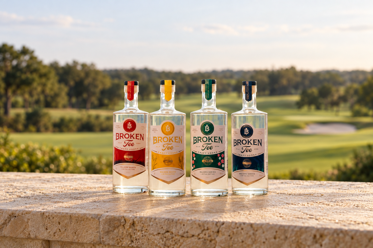 Four First Edition Broken Tee vodka bottles on a stone ledge overlooking a golf course.
